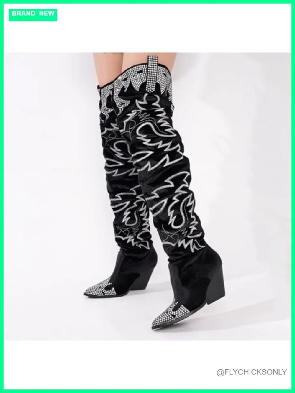 Rhinestone Embroidered Velvet Thigh High Slouchy Wide Calf Pull On Over the